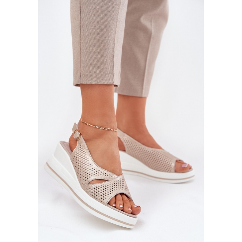 S.Barski Women's Leather Sandals S. BARSKI LR51-660 Openwork Golden gylden 2
