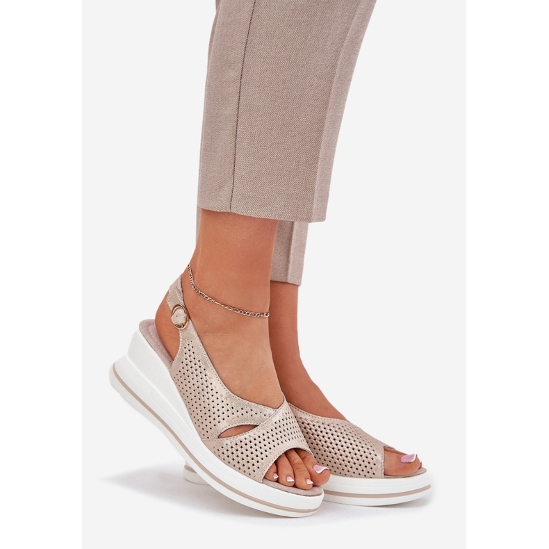 S.Barski Women's Leather Sandals S. BARSKI LR51-660 Openwork Golden gylden 1