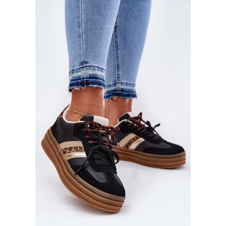 Inna Kvinders sneakers på platformen med dobbelt snøring af sort leopardprint 2