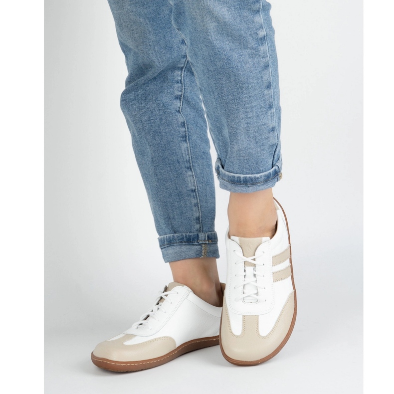 Olivier Barfodet kvinders minimalistiske lædersko 1287 Hvid med beige sneakers 2
