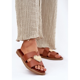 EVento Flat -Hælede kvinders flip flops med en gylden dekorationskamel brun 2