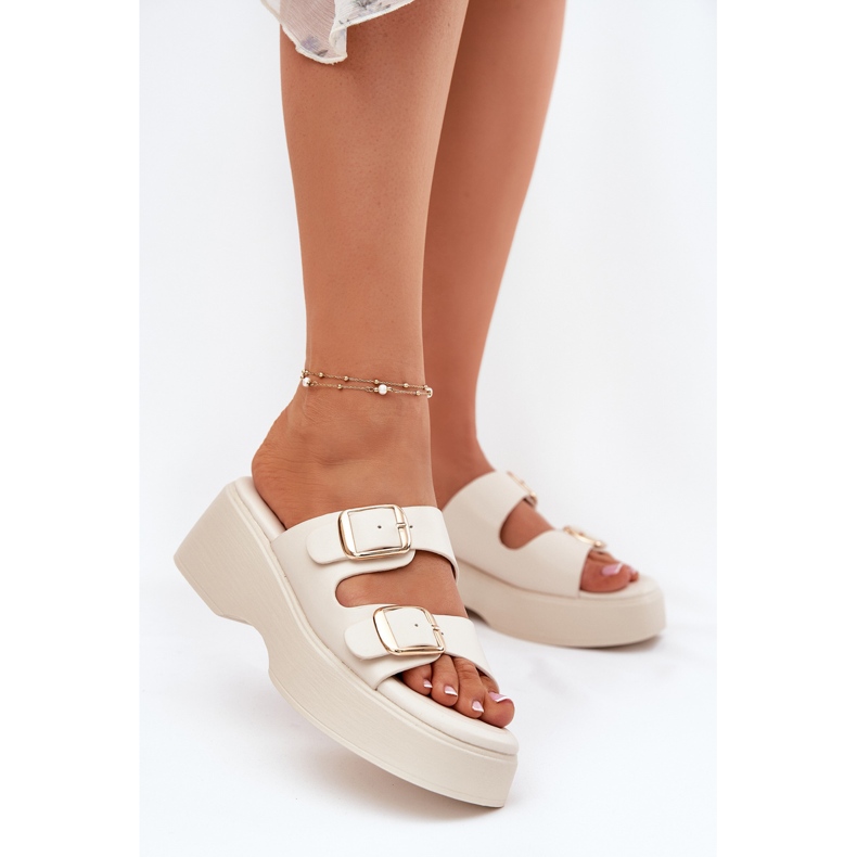 Inna Kvinders flip flops på kil og platform med klemmer lys tigged beige 2