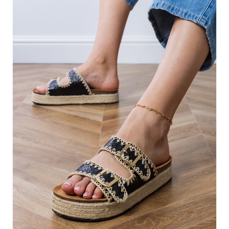 Sort espadrilles glitter med spænder 2