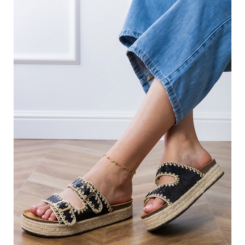 Sort espadrilles glitter med spænder 1