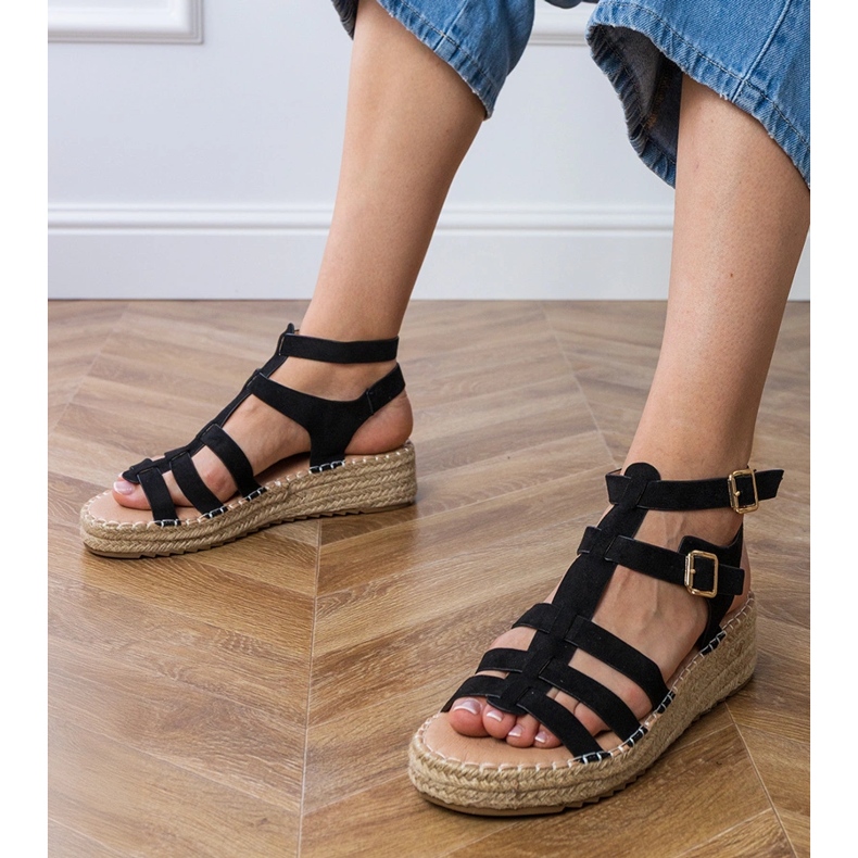 Sort espadrilles sandaler på en lav platform 1