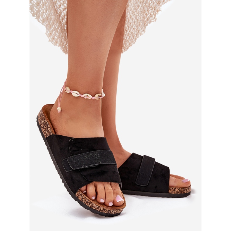 Kvinders flip flops med velcro på Cork -platformen sort 1
