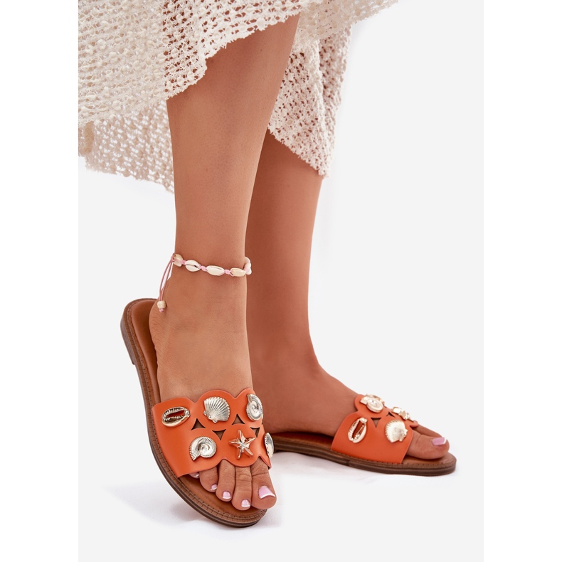 Flat -Hælet kvinder flip flops med gyldne stifter orange 2