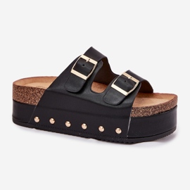 Kvinders flip flops med spænder på en massiv platform sort 1