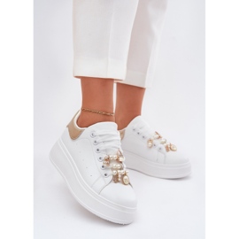 Kvinders sneakers på platformen med stifter, hvidt og guld 2