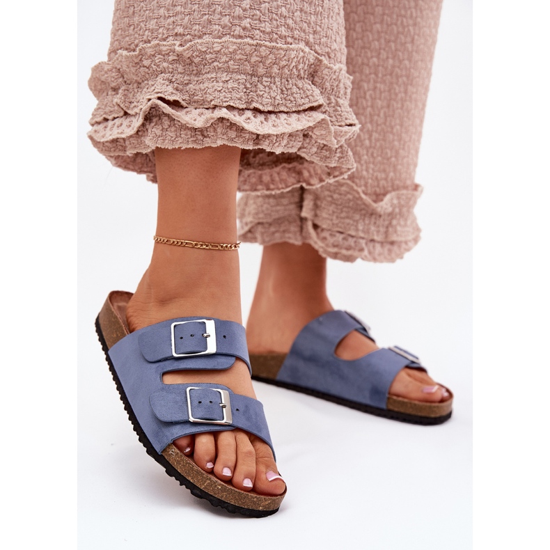 Kvinders flip flops på korkplatformen blå spænder 2