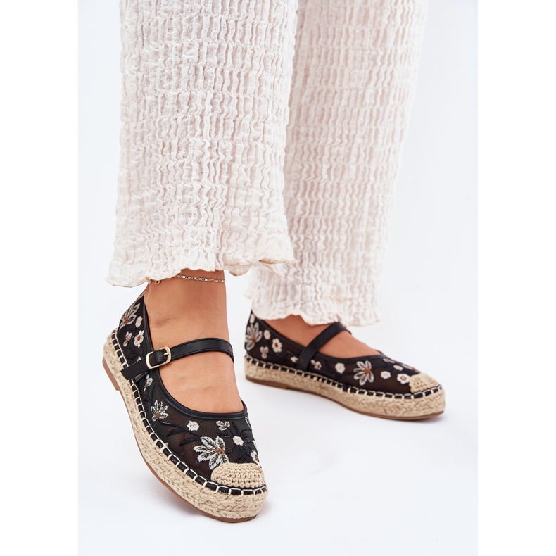 Mesh Espadrilles med broderi på den sorte platform 2