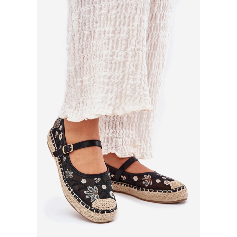 Mesh Espadrilles med broderi på den sorte platform 1