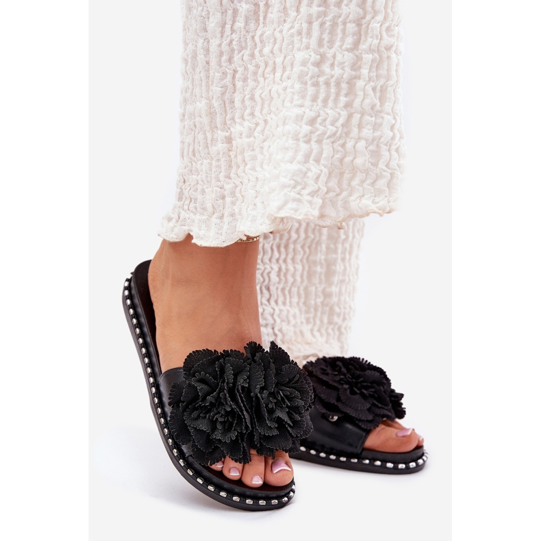 Kvinders flip flops med stofblomster sort 1