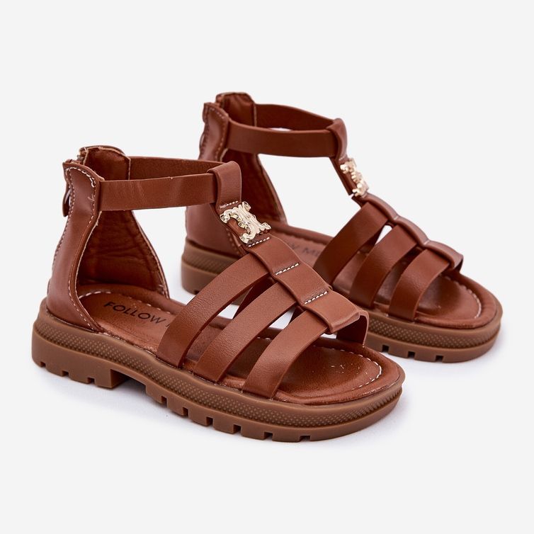 Pigernes gladiator sandaler med gylden detalje brun 1