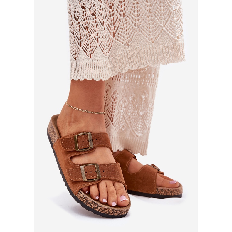 Ruskind flip flops på korksålen med kamelspænder brun 1