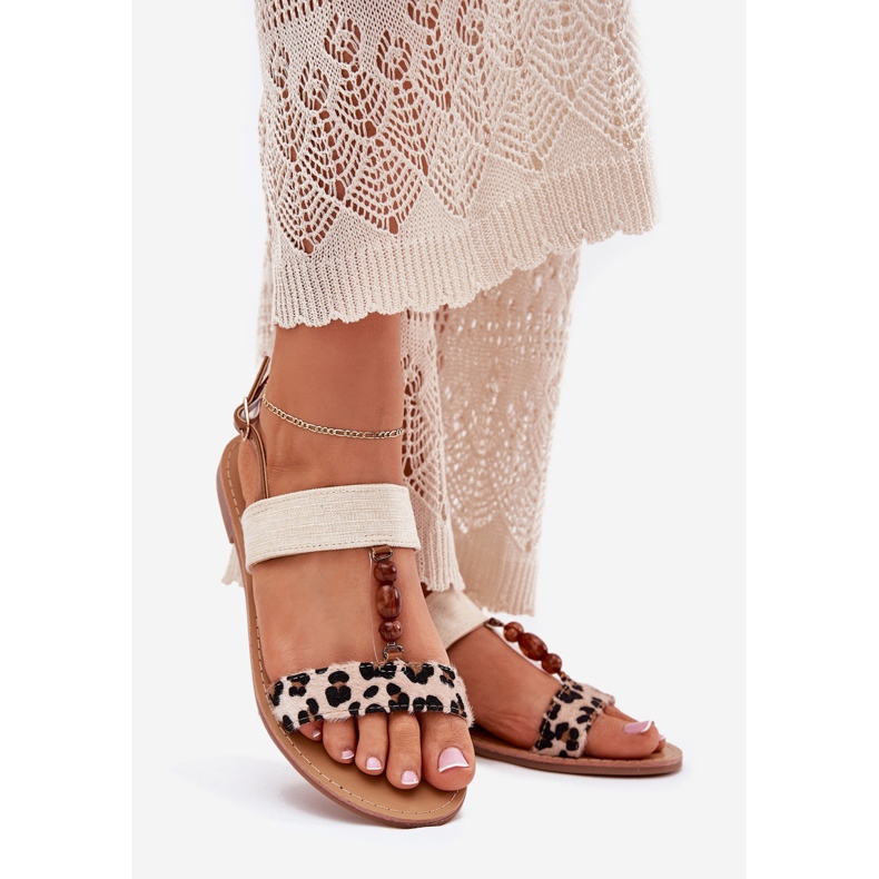 Flade kvinders sandaler med perle beige perleperler 1