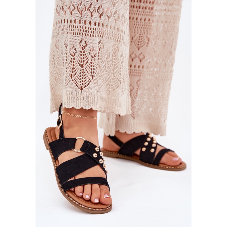 Flat -Hælede kvinders sandaler med gyldne studs sort 2