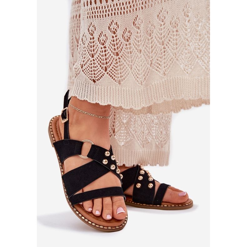 Flat -Hælede kvinders sandaler med gyldne studs sort 1