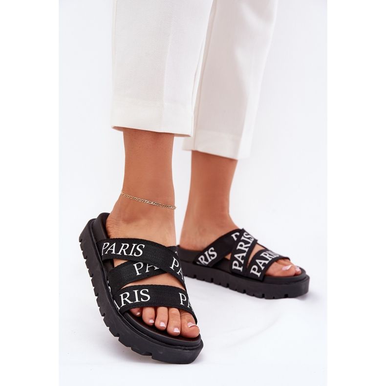 Kvinders flip flops med Paris -materialestriber på platformen sort 2