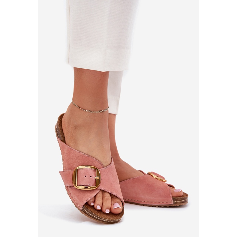 Læder flip flops med en gylden klemme maciejka 07000-15 lyserød 1