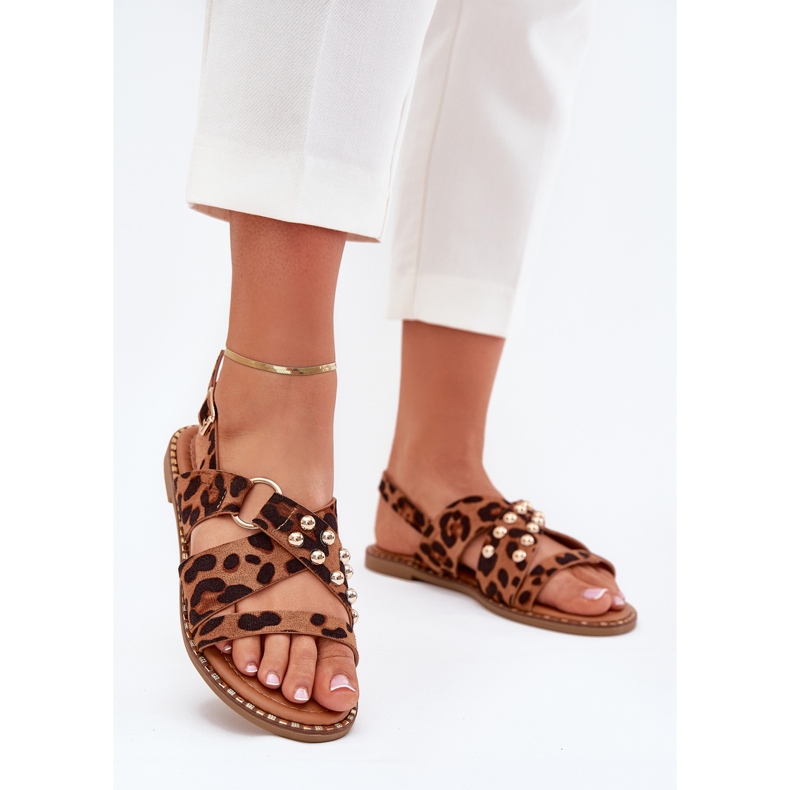 Boto Flat -Hælede kvinders sandaler med gyldne vandhaner leopardprint brun 2