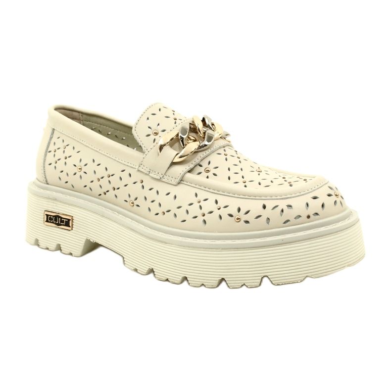 Læder Openwork Women's Loafers på platformen med dekoration CLW319405 Beige 1