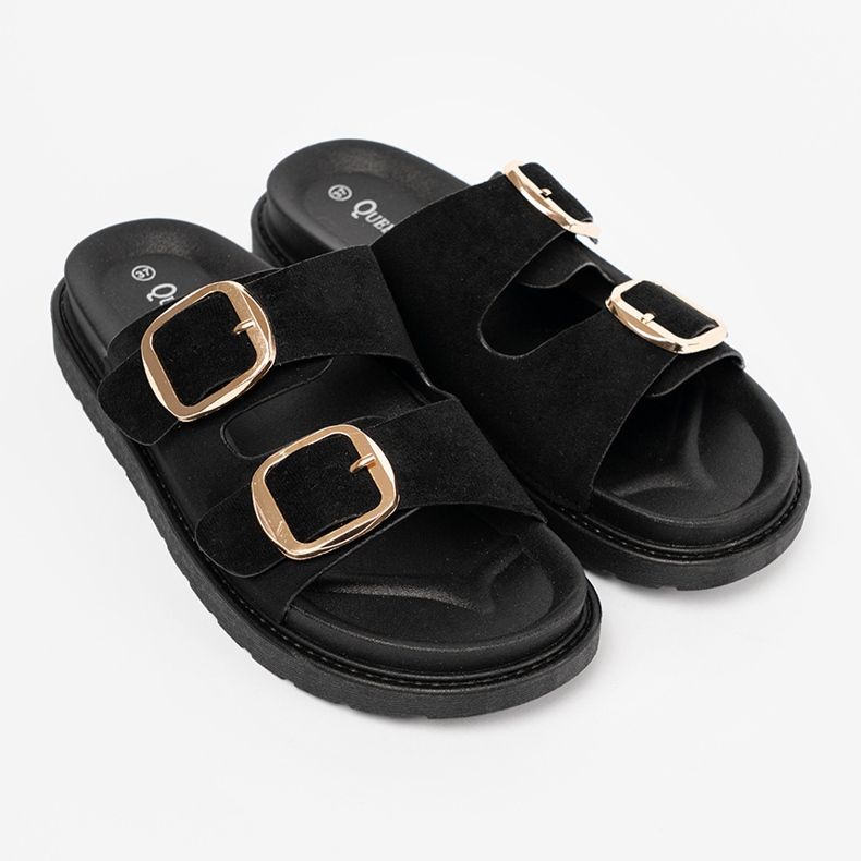 Shelvt Kvinders sorte flip flops med gyldne spænder 2