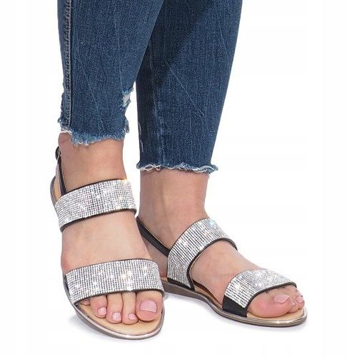 Sorte flade sandaler med Indulge diamanter 2