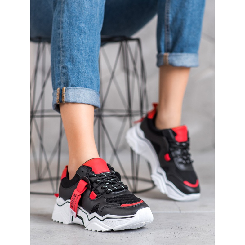 SHELOVET Damemode Sneakers sort rød 2