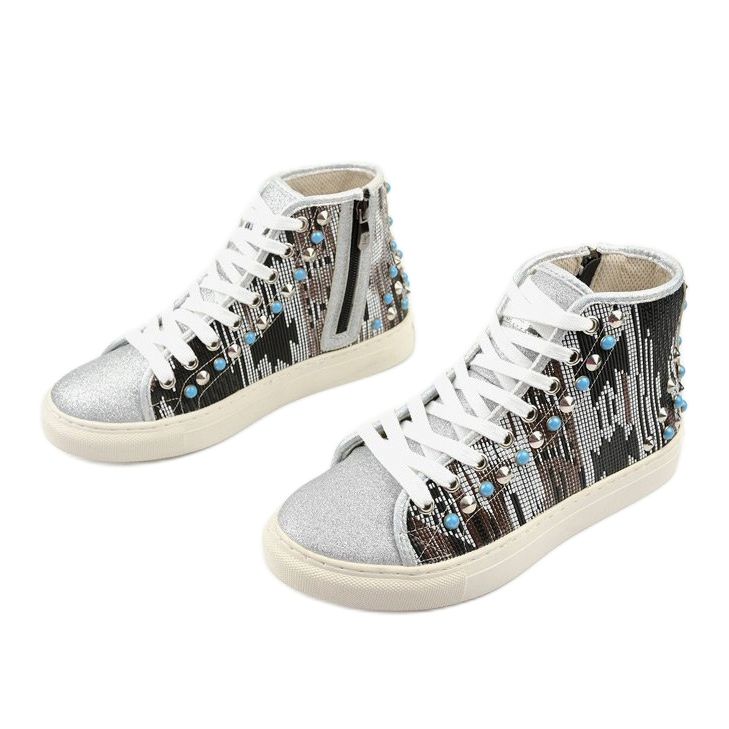 Sølvhøje sneakers rigt dekoreret D17-27027 grå flerfarvet 2