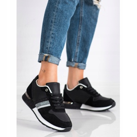 SHELOVET Sorte sneakers med glitterplatform sølv 2