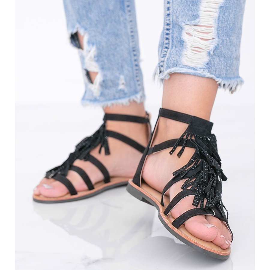Sorte sandaler med Noronha frynser - KeeShoes