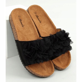 Sort kork tøfler med blomster 620-73 Sort 1