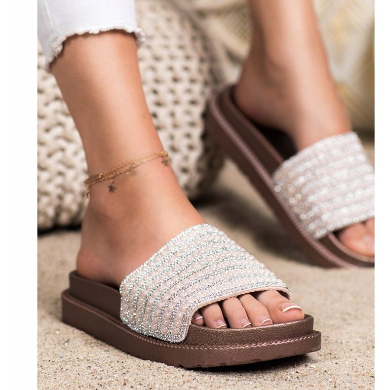 SHELOVET Hjemmesko på platformen med cubic zirconia beige gylden 2