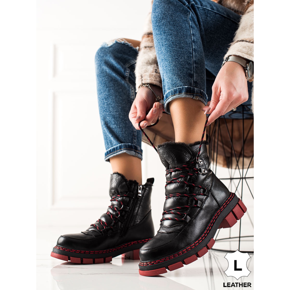 ARTIKER Snestøvler i læder med røde såler sort -
