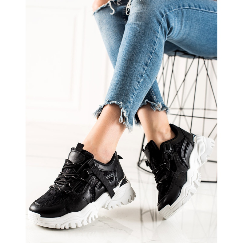 TRENDI Moderigtige sneakers med glitter sort 2
