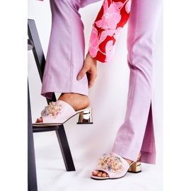 PA2 Læder dametøfler på høje hæle med pink Calinda dekoration lyserød 5