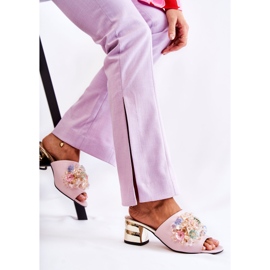 PA2 Læder dametøfler på høje hæle med pink Calinda dekoration lyserød 6