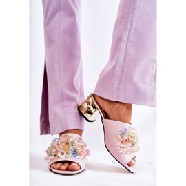 PA2 Læder dametøfler på høje hæle med pink Calinda dekoration lyserød 3