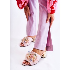 PA2 Læder dametøfler på høje hæle med pink Calinda dekoration lyserød 1