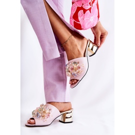 PA2 Læder dametøfler på høje hæle med pink Calinda dekoration lyserød 4