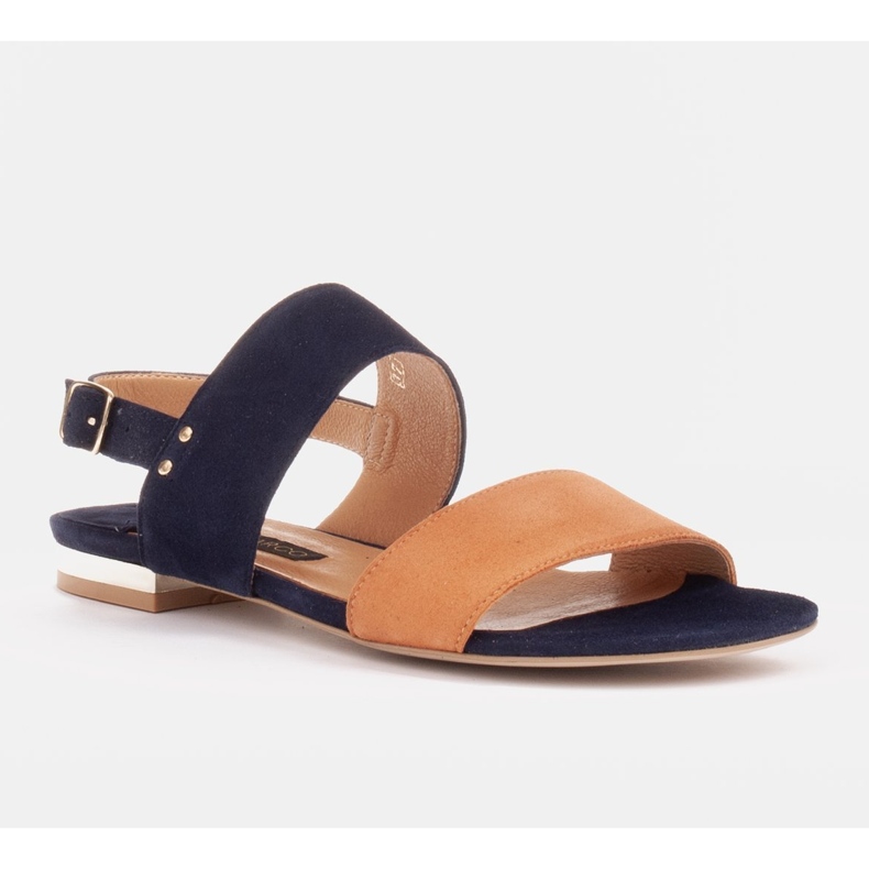 Marco Shoes Flade sandaler i naturlig ruskind med en metallisk hæl beige marineblå 1