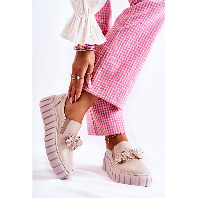 PA2 Slip-on sneakers i læder til kvinder med beige Mirana-dekoration 2