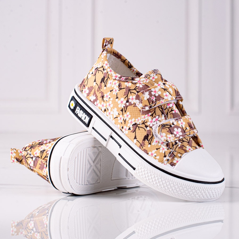 Shelovet børnesneakers med beige blomster hvid brun 1