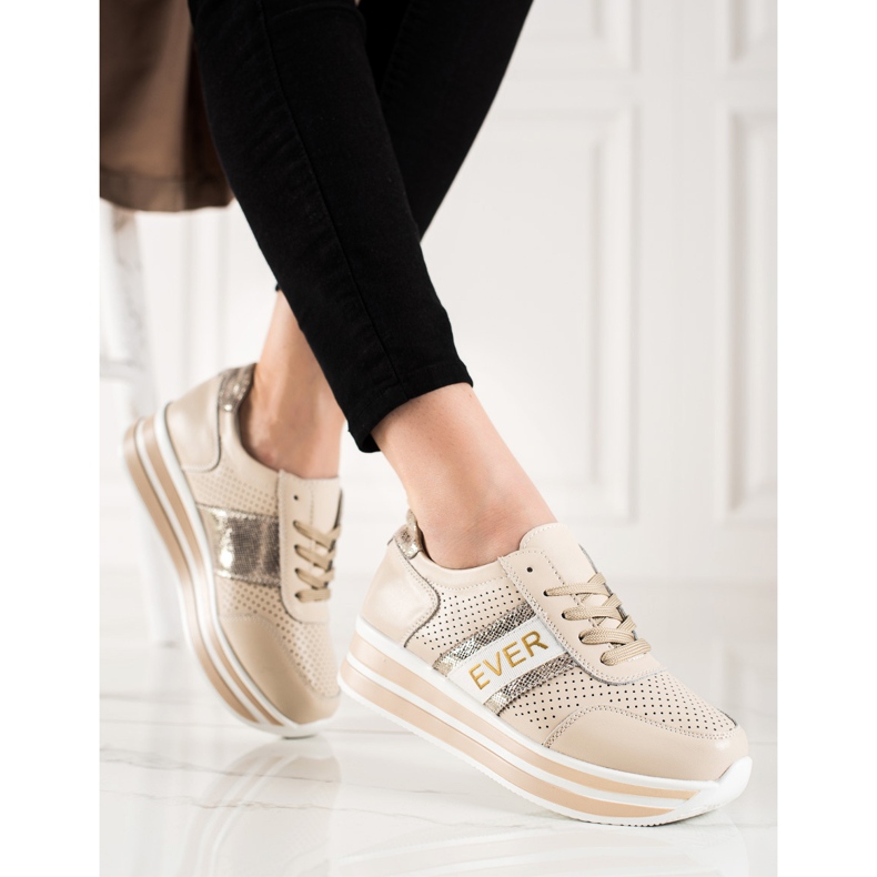 SHELOVET Beige lædersneakers på Goodin platformen gylden 1