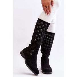 S.Barski Dame Ruskind Openwork Over Knee Støvler Sort Savannah 1