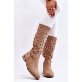 S.Barski Dame Ruskind Openwork Over Knee Støvler Beige Savannah 1