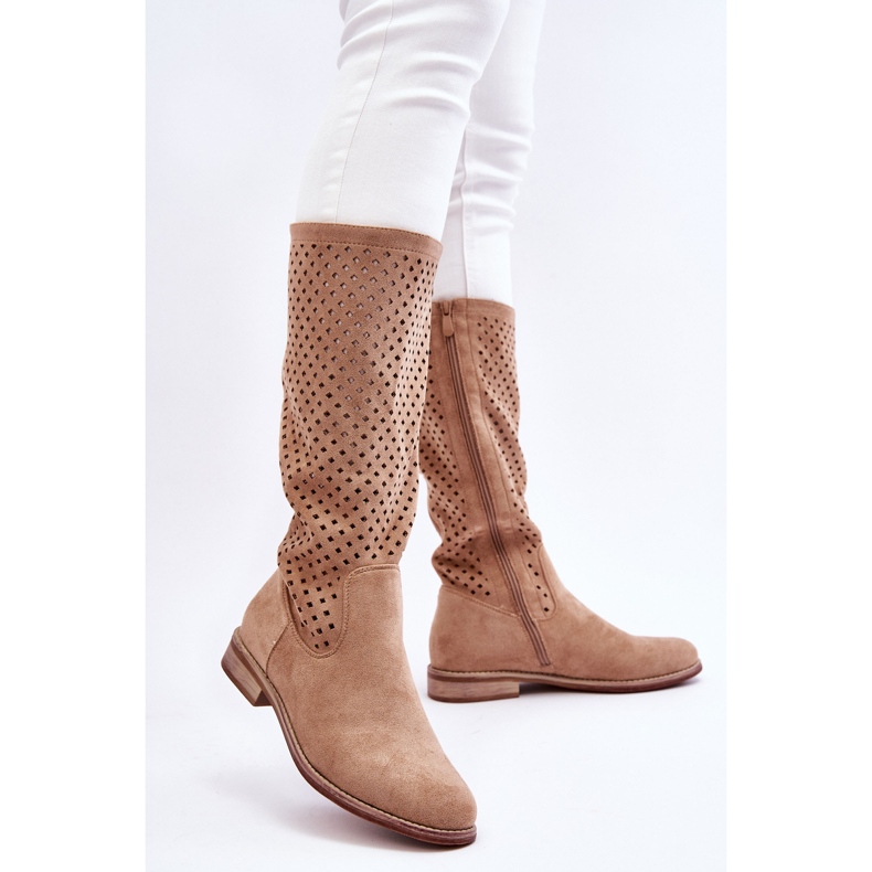 S.Barski Dame Ruskind Openwork Over Knee Støvler Beige Savannah 2