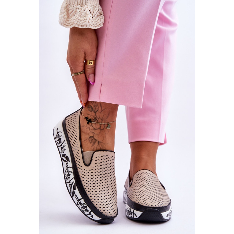 S.Barski Kvinders gennembrudte lædersneakers Slip-On Beige Sorito 1