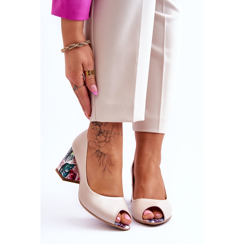 Lewski Shoes Læder Pumps med en dekorativ hæl Leski sko 2608/K Beige Pearl 1